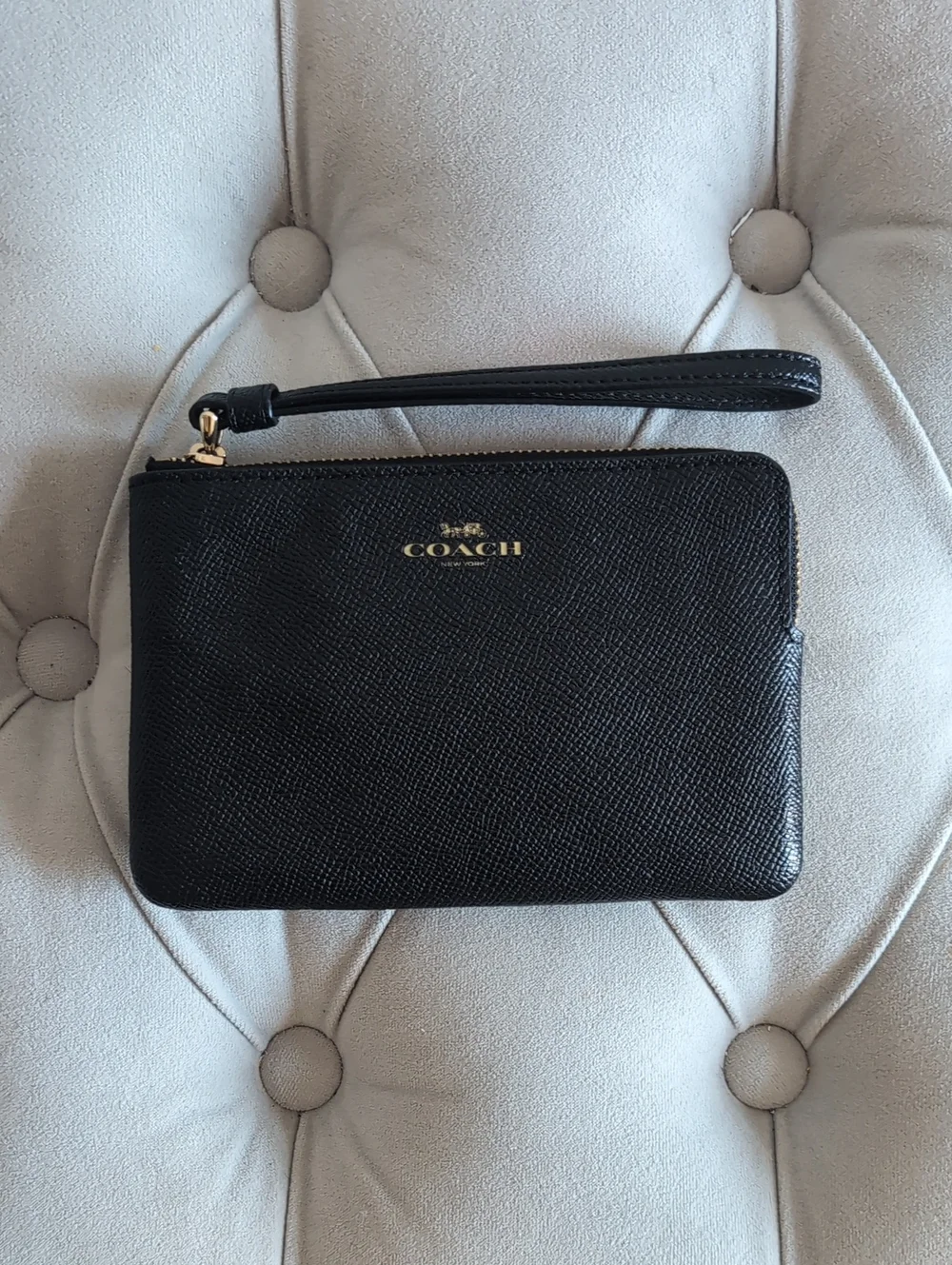 Coach Black Saffiano Leather Wristlet with Gold Logo